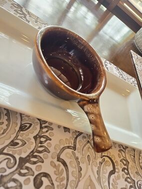 Vintage Brown Drip Glazed Ceramic Sauce Dish with Handle